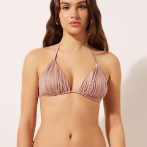 Removable Padding Triangle Swimsuit Top Shiny Satin